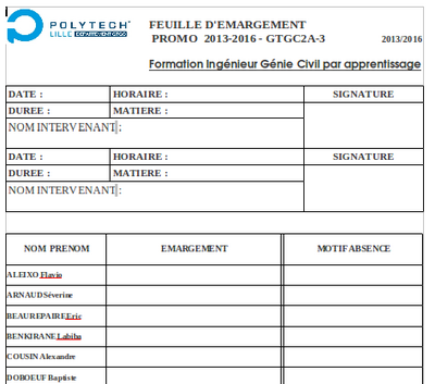 Fiche d'émargement GTGC alternance, version papier