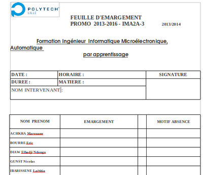 Fiche d'émargement IMA alternance version papier